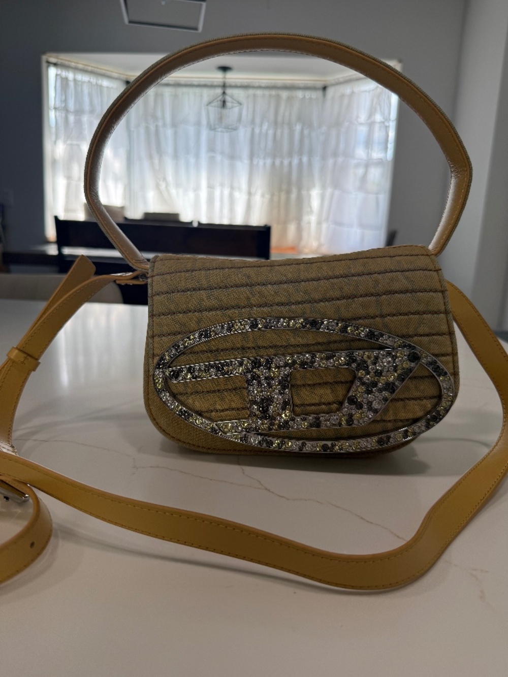 Diesel 1DR Crystal Oval D Denim Shoulder Crossbody Bag Yellow Rhinestone